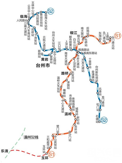 台州2条:s1线(头门港北至温岭),s2线(临海至新台州机场)