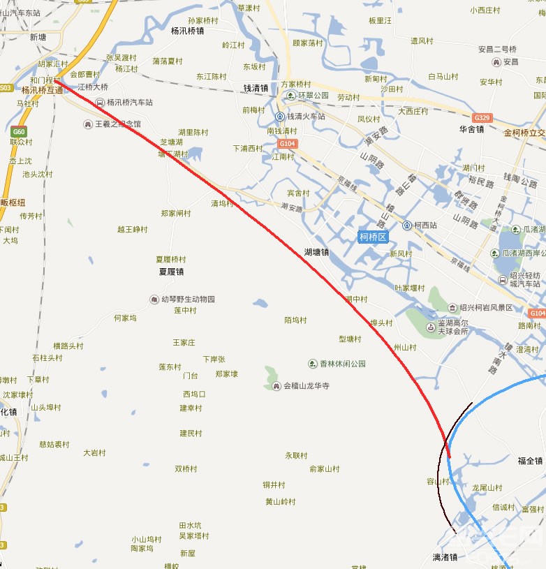 杭绍台高速公路途径福全兰亭平水稽东王坛最详细的示意图